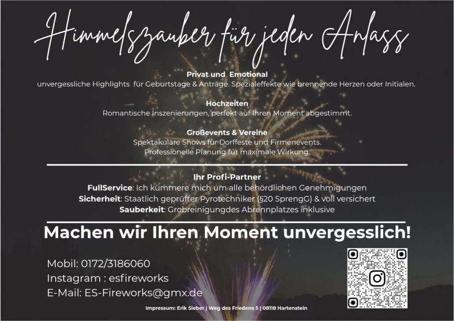 ES Fireworks | Hochzeitsfeuerwerke, Feuerwerk &middot; Lasershow Hartenstein, Kontaktbild